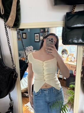 Women's butter yellow Ruched Button-Front Knit Top